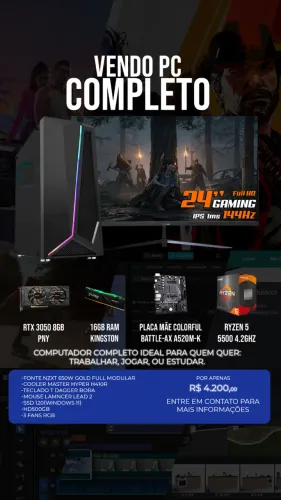 Computador completo(PC), Ryzen 5500, 16GB RAM, RTX 3050 8GB, Fonte Gold Full Modular 650W