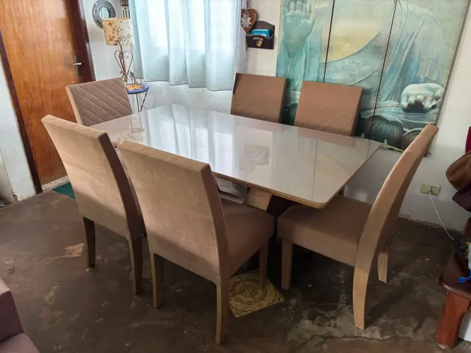 Jogo de mesa com 6 cadeiras, mesa tampo de vidro nova