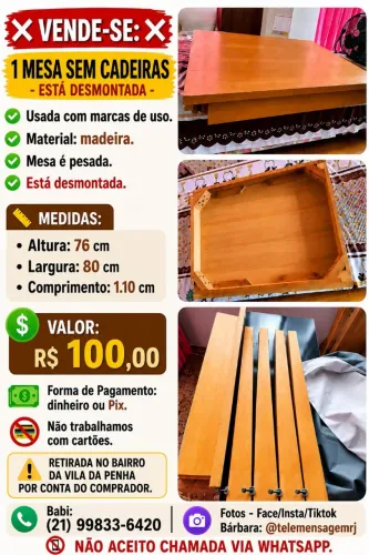 Vende-se mesa de madeira, somente a mesa. Leia.