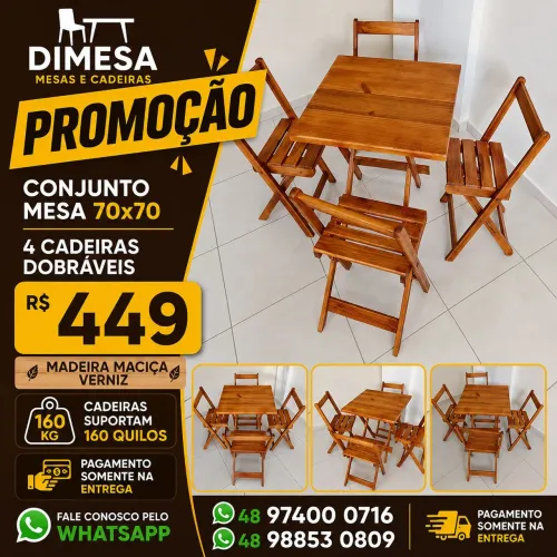 Kit 70x70 madeira maciça envernizada 4 cadeiras dobráveis