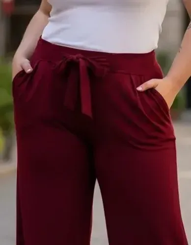 Calça pantalona marsala plus size com amarração na frente tecido duna tamanho G4