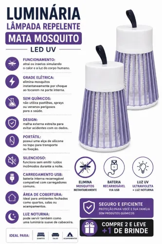 Kit 2 Luminária Lâmpada Repelente Mata Mosquito LED UV | Compre 2 e leve 3