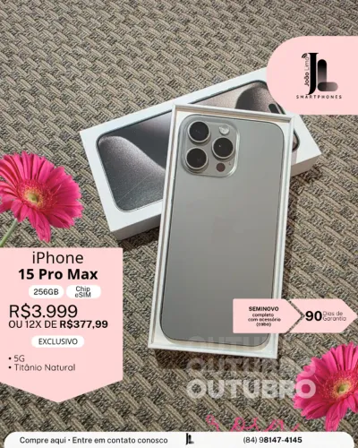 IPHONE 15 PRO MAX, 5G, 256GB, CHIP ESIM, NATURAL, SEMINOVO, EXCLUSIVO!