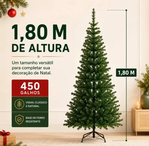 Árvore de Natal 1,80m Pinheiro Verde 450 Galhos Base de Ferro