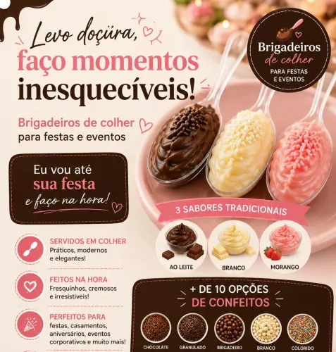 Brigadeiros servidos na colher para festas e eventos.