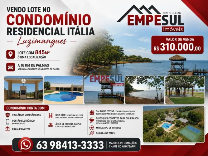 Vendo lote no Condominio Residencial Itália Luzimangues.
