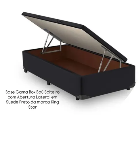Base Cama Box Baú Solteiro com Abertura Lateral em Suede Preto da marca King Star