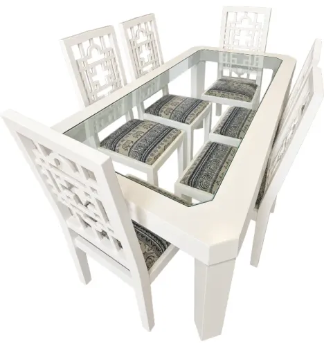 Mesa de Jantar 2,00 m em Laca Branca + 6 Cadeiras Estofadas