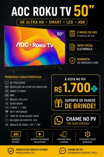 TV AOC 50 Polegadas 4K + Roku TV