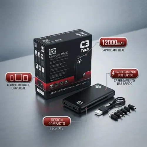 Bateria Externa Power Bank C3Tech UC-12000 12000mAh Portátil