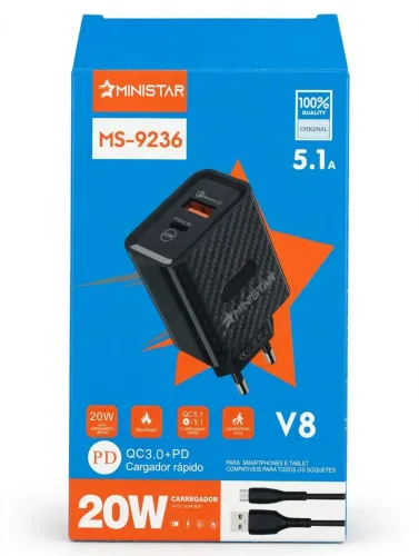 Carregador turbo 20 w v8 micro usb