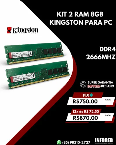 Kit 2 Memórias RAM Kingston 8GB DDR4 2666MHz para PC