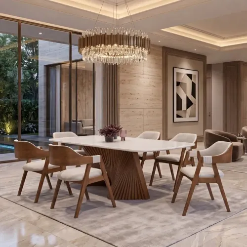 Conjunto de Mesa Lyon com Base Ripada em Madeira Maciça com Cadeiras Âmbar