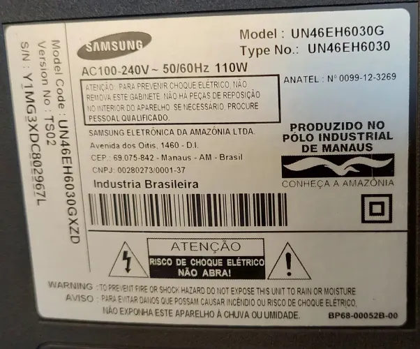 TV SAMSUNG UN46EH6030G Com defeito na tela