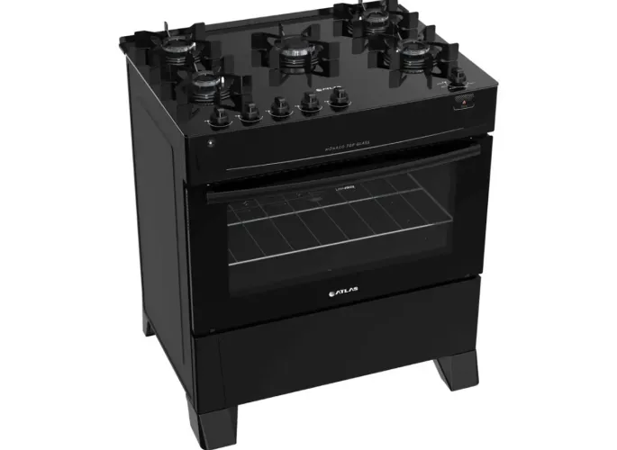 Fogão 5 Bocas Atlas Preto Mesa de Vidro Mônaco Top Glass