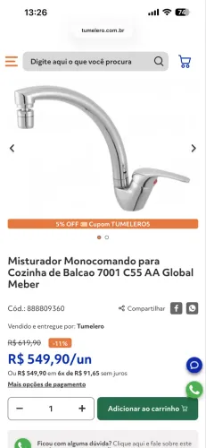 Torneira misturador monocomando Meber