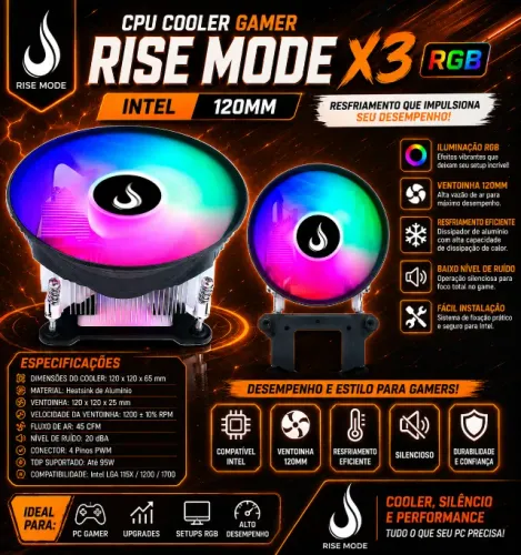 CPU Cooler Gamer Rise Mode X3 RGB Intel 120mm Preto (NOVO/LACRADO)