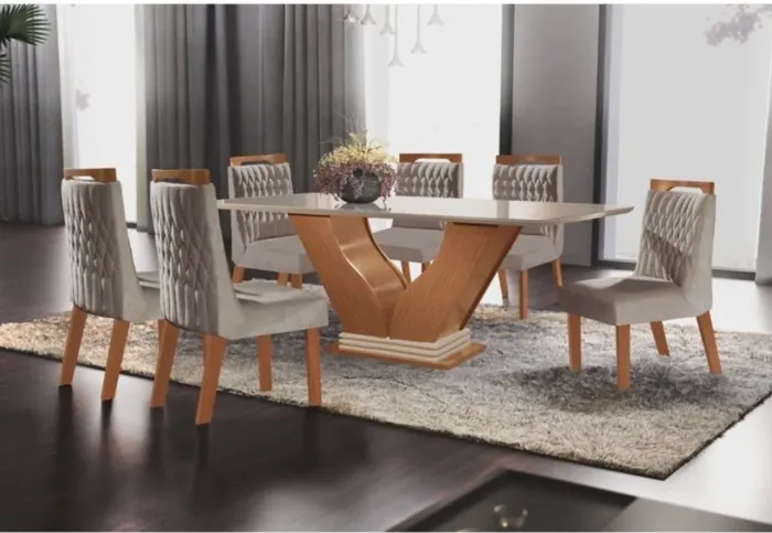 Conjunto Sala de Jantar Mesa com Tampo de Vidro Safira 6 Cadeiras