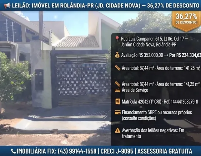 LEILÃO: IMÓVEL EM ROLÂNDIA-PR (JD. CIDADE NOVA) ? 36,27% DE DESCONTO