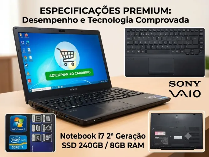 Notebook Sony Vaio i7 2640M 8GB (Sem SSD Sem HDD)(Bateria Ruim)(Fonte Original)