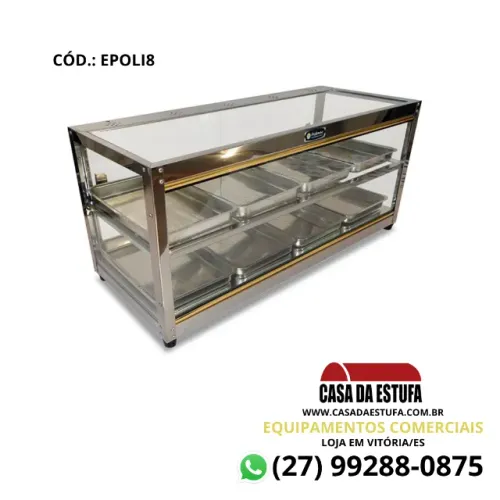 Estufa Vitrine Quente de Salgados 8 Bandejas Vidro Reto
