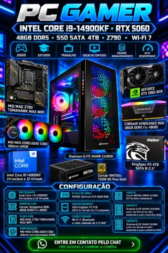 PC Gamer Intel Core i9-14900KF RTX 5060 48GB DDR5 SSD SATA 4TB Z790 Wi-Fi 7