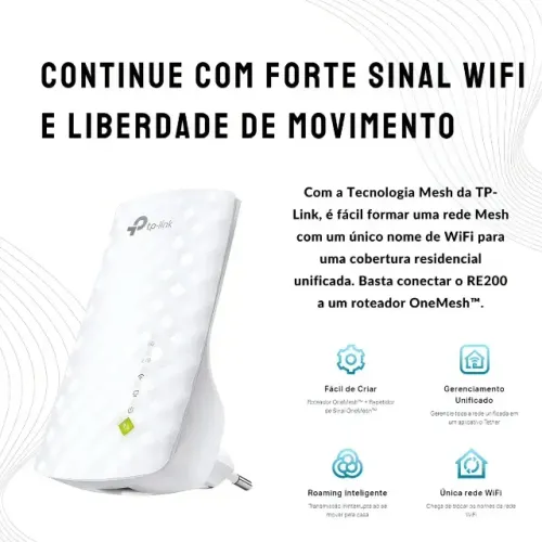  Repetidor Wi-Fi AC750 RE200; Fortalece o sinal Wi-Fi para áreas previamente inalcançáveis