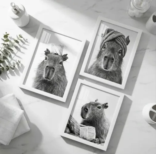Quadro Decorativo Capivara - Kit 3 Peças | 21x30 cm | Moldura Branca