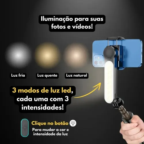 Guimbal estabilizador tripé 3 em 1 Led bluetooth L09