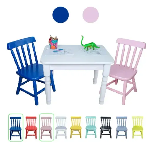 Mesa Infantil Madeira 2 Cadeiras Didática Escolar Educativa Cor Rosa-bebê / Azul-escuro