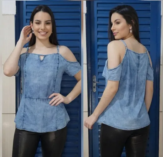 blusa jeans ciganinha feminina azul GG