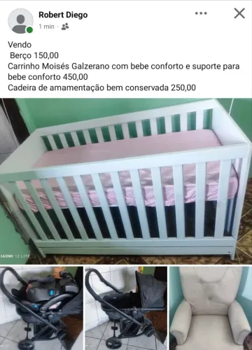 Carrinho de bebê, berço e cadeira de amamentação 