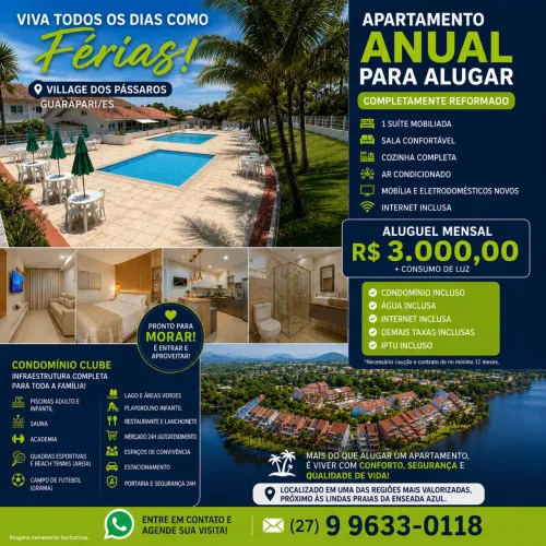 Apartamento mobiliado com lazer completo aluguel + luz somente