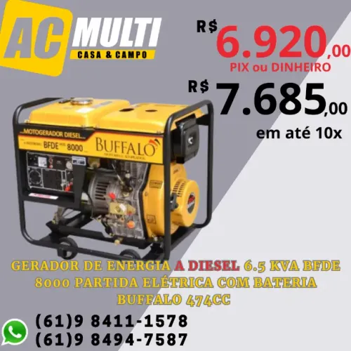 Gerador de energia a Diesel 6.5 kva BFDE 8000 partida Elétrica Com Bateria Buffalo 474cc 