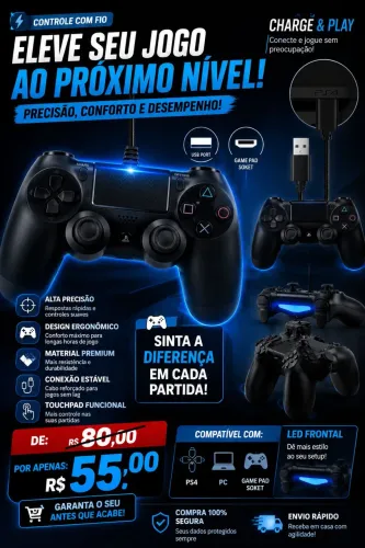 Controle Game Com Fio Usb Cabo De 2m Ps4