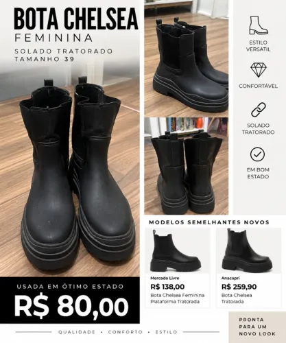 Bota Chelsea Feminina Preta Solado Tratorado