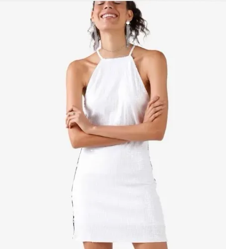 Vestido Curto Feminino Alça Malha Paetê Branco Riachuelo ( M)