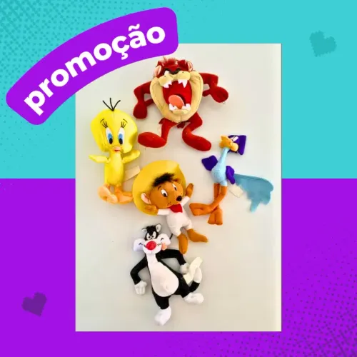 Lote 5 pelúcias looney tunes - frajola taz ligeirinho piu piu papa léguas pernalonga mc