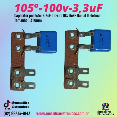 Kit 2 Unidades Capacitor Poliéster 3,3uF 100v DC 10%  RoHS Radial Dielétrico