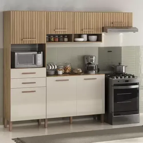Armário de Cozinha com Balcão Ripado Nova na Caixa - Monta na Hora