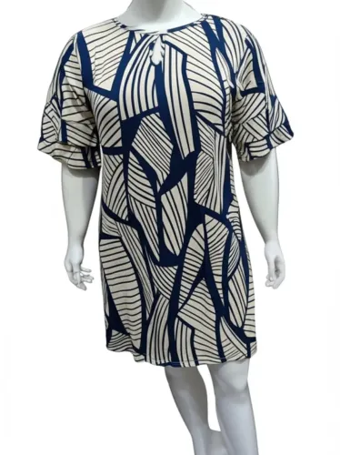 Vestido estampa abstrata azul e branco