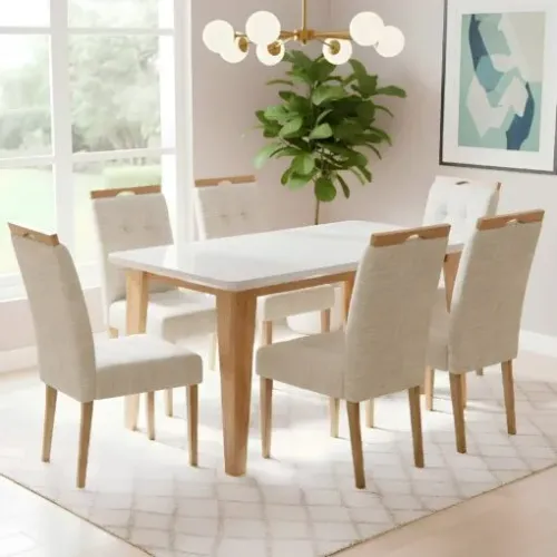 Mesa Kota/Dakota 160 Mel/Blonde Off White Com 6 Cadeiras Sophia linho Bege 200 - VIERO MÓV