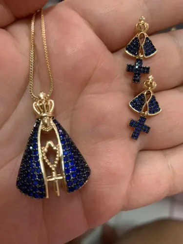 Conjunto colar e brincos Nossa Senhora Aparecida azul