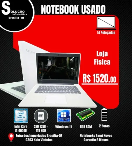 Notebook Lenovo Intel Core I3-6006U 8GB RAM SSD 128GB + 1TB HDD Windows 11 14* Polegadas
