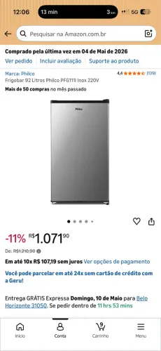 Frigobar PHILCO 96L 220v INOX
