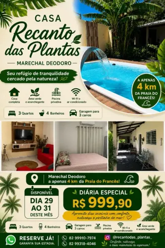 Casa por diárias e temporada em Marechal Deodoro 4km da praia do , francês