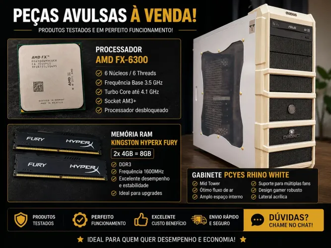 Fx 6300 + 2x4gb ddr3 Kingston Fury + gabinete Rhyno Pcyes