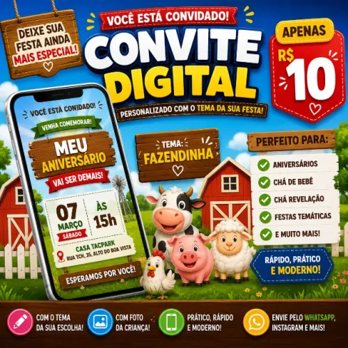 Convite Digital Fazendinha Personalizado