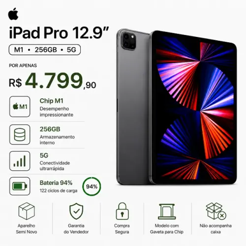 Apple Ipad Pro 12.9" M1 256GB Wi-Fi 5G Cellular A2379 Cinza Espacial
