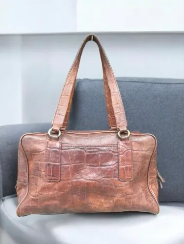 Bolsa Fossil Original Couro Legítimo Croco Marrom